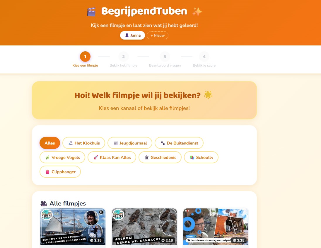 Screenshot van de Begrijpend Tuben leeromgeving met videoclip en bijbehorende vragen