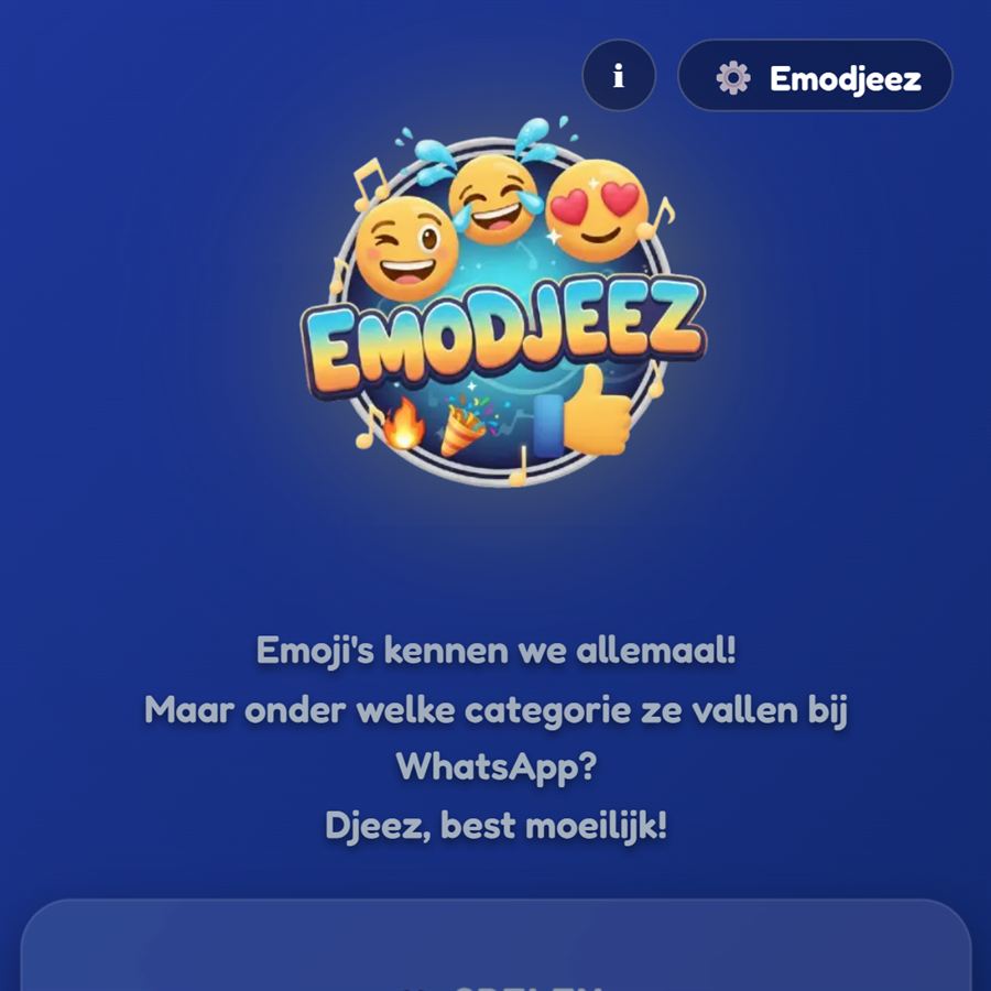 Screenshot van het startscherm van de Emodjeez emoji-quiz app